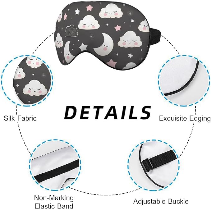 Grey Night Sleep Eye Mask Eye Cover Cute Cartoon Clouds Moons White Pink Silk - Image 3
