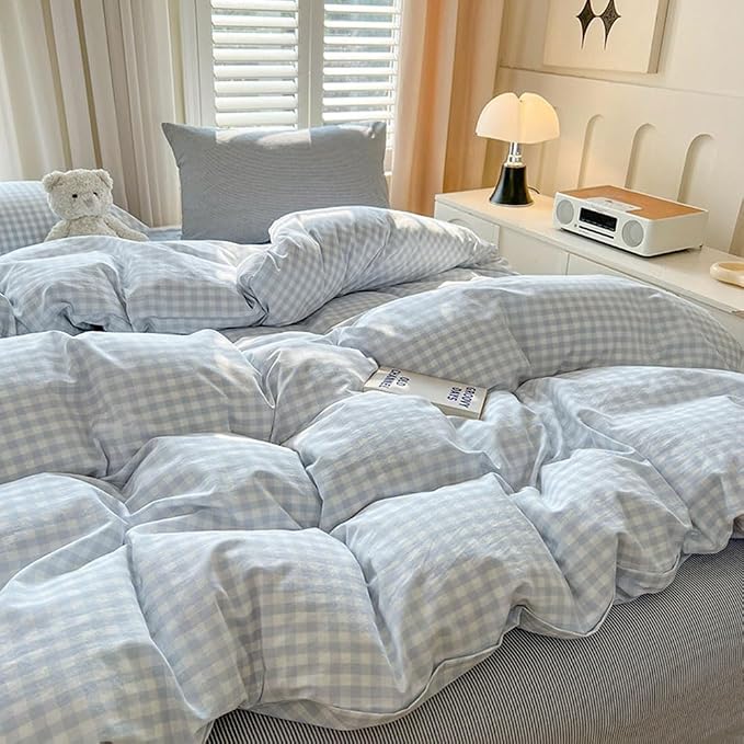 Nayoroom Gingham Duvet Cover Queen Size Blue White Plaid Checkered Comforter - Image 4