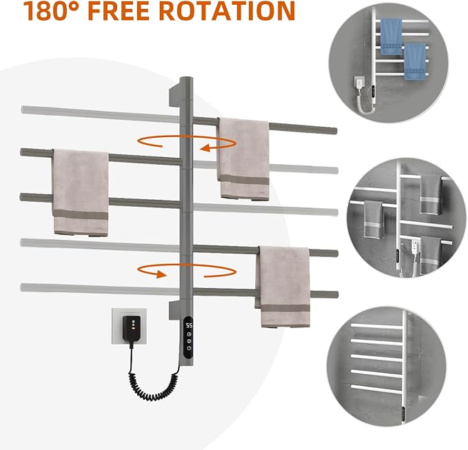 Electric Towel Warmer, 5-Bar Rotating Heated Towel Rack, 2-3 Minutes to - Image 2