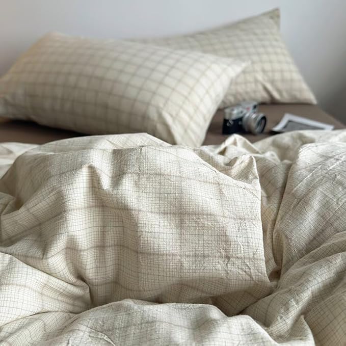 PinkMemory Beige Gingham Duvet Cover Bedding Queen 100% Washed Cotton Vintage - Image 4