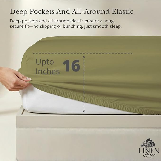 Linen Home 100% Cotton Percale Weave Fitted Sheet, King Size, Oil Green - Image 2