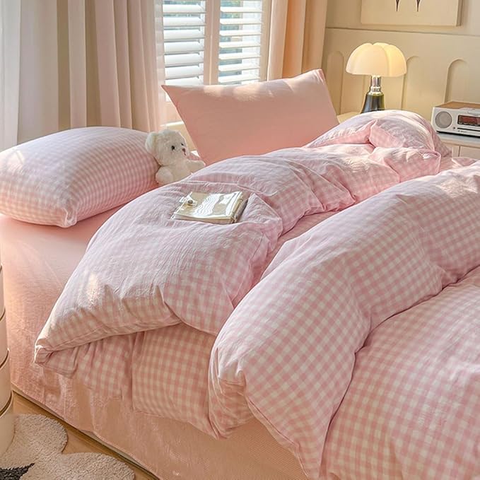 Nayoroom Gingham Duvet Cover Oversized King Pink White Plaid Checkered by Nayoroom