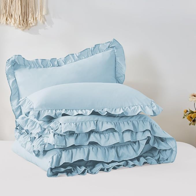 FUANNA Queen Comforter Set Light Blue, 3 Pieces Ruffle Queen Bed Set, Fluffy - Image 9