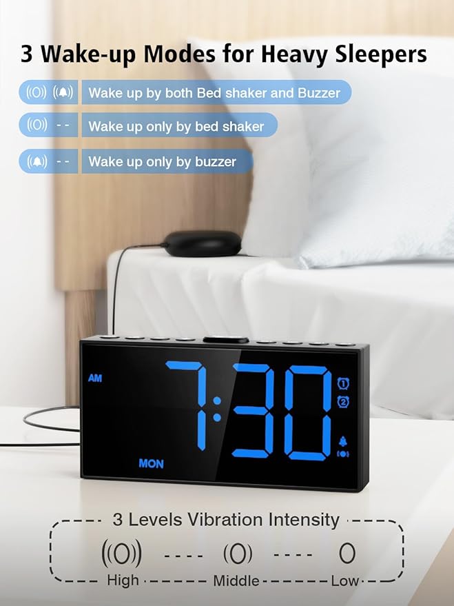 Vibrating Alarm Clock for Heavy Sleepers – Loud Bed Shaker, Dual Alarms - Image 2