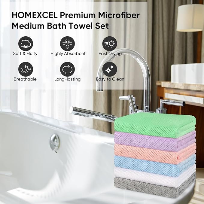 HOMEXCEL 6 Pack Bath Towel Set, Microfiber Ultra Soft Highly Absorbent Bath - Image 3