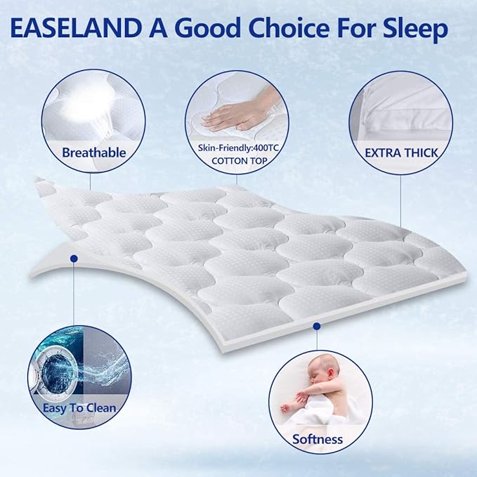 EASELAND Full Size Mattress Topper Pillow Top Mattress Cover Quilted Fitted - Image 2