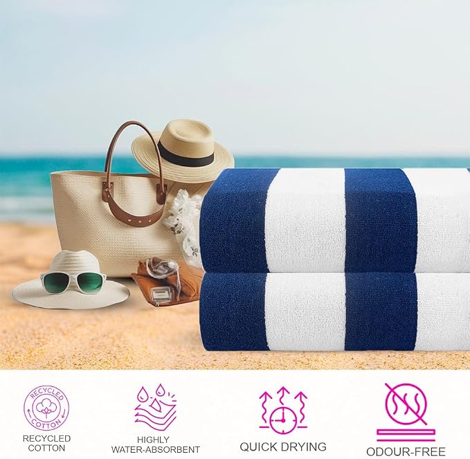 CASA COPENHAGEN Cabana Towels 2Pcs Cobalt Blue Designer Stripe Beach Bathsheet - Image 2
