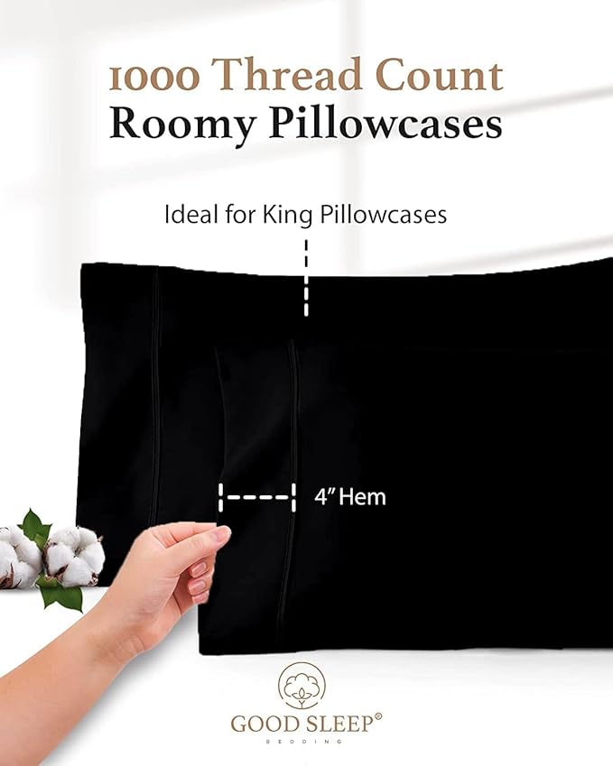 1000 TC Black King Pillowcases Set of 2 100% Egyptian Cotton Pillow Cases - Image 3