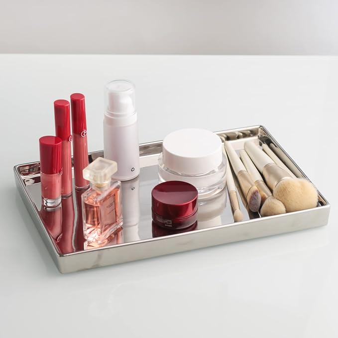 Silver Ceramic Jewelry Mirror Tray Vanity Holder Rectangular Mini Small Medium - Image 2
