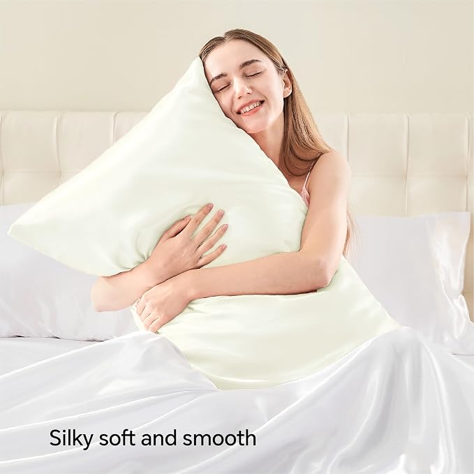 BEDELITE Satin Pillowcase with Zipper, Ivory Pillow Cases Queen Size Set of 2 - Image 2