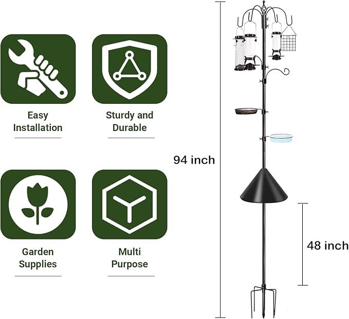 YINGYM 6-Hook Bird Feeding Station Kit Wild Bird Feeder Stand Pole, Mesh Tray - Image 2
