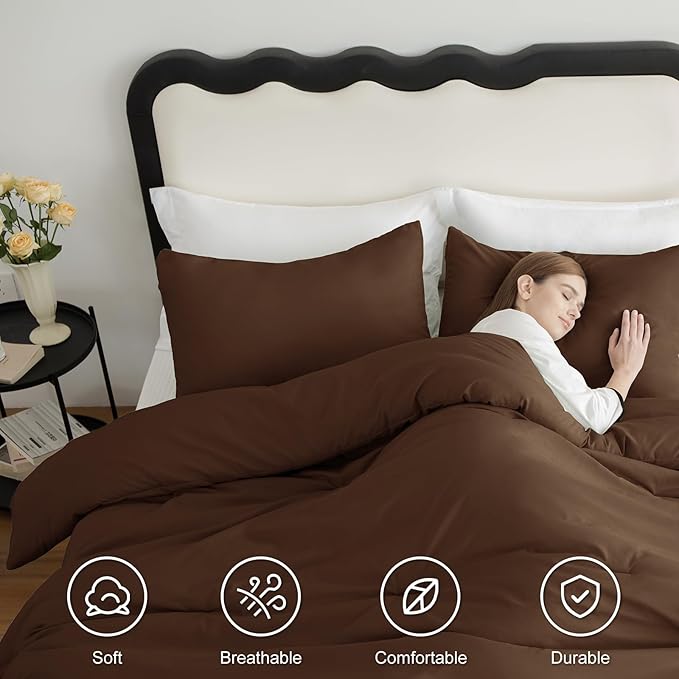 CozyLux King Size Comforter Set Brown, 3 Pieces Solid Comforters King Size - Image 5