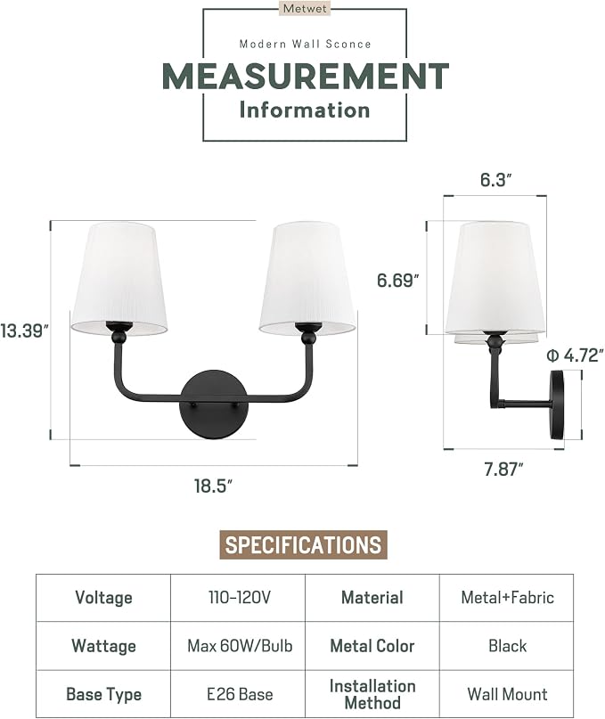 2-Light Bathroom Vanity Light Fixtures in Matte Black Finish, Modern Bedside - Image 4