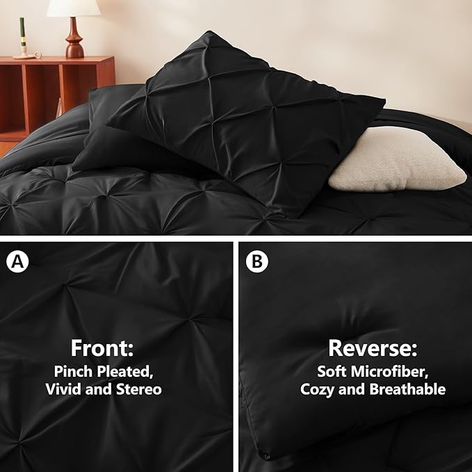 CozyLux Full Size Comforter Sets Black, 7 Pieces Pintuck Bed in A Bag Black - Image 3