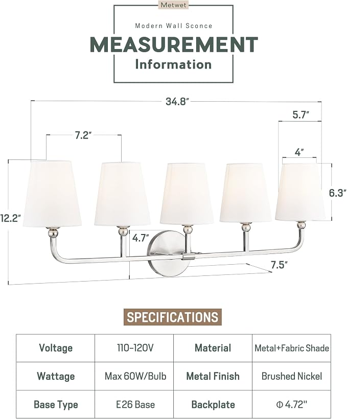 Bathroom Light Fixtures, 5 Light Brushed Nickel Vanity Lights - Image 2