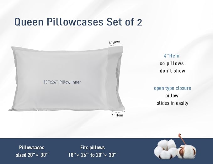 Pillow Cases, Standard Queen Size Cotton Percale Weave Pillowcases, Pre-Shrunk - Image 3