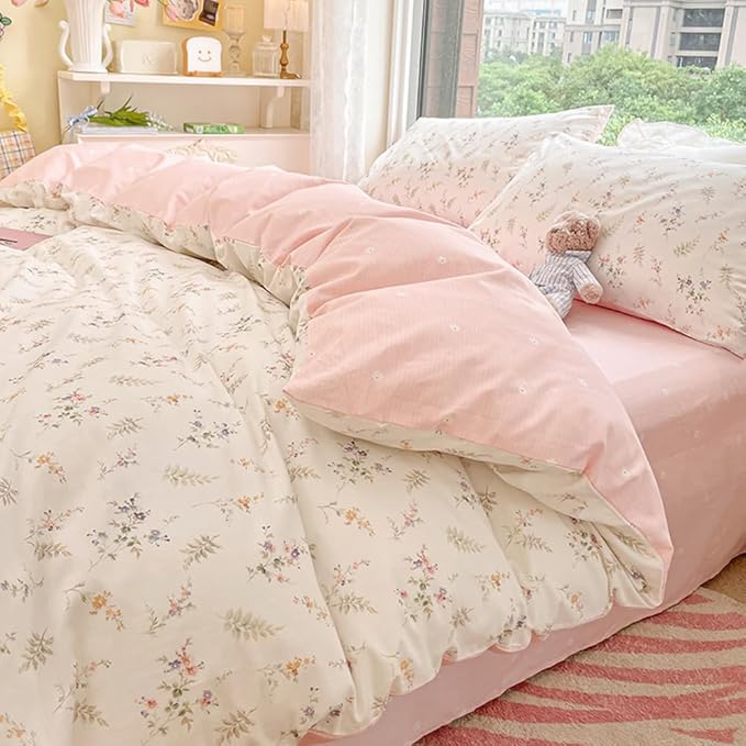 Nayoroom Floral Duvet Cover King Size Girls Pink White Botanical Flower by Nayoroom