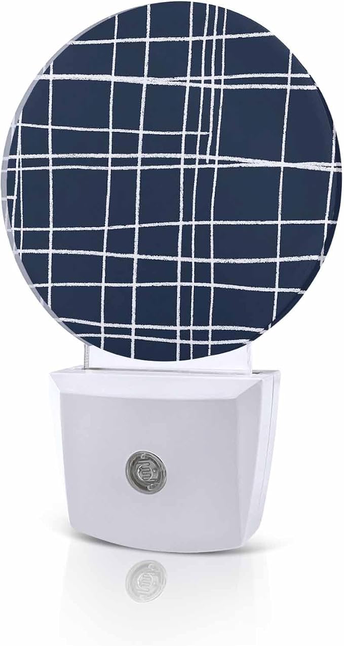 Night Lights Auto Sensor Navy Blue Checked Plaid Night Light Minimalist Grid by Home+L6