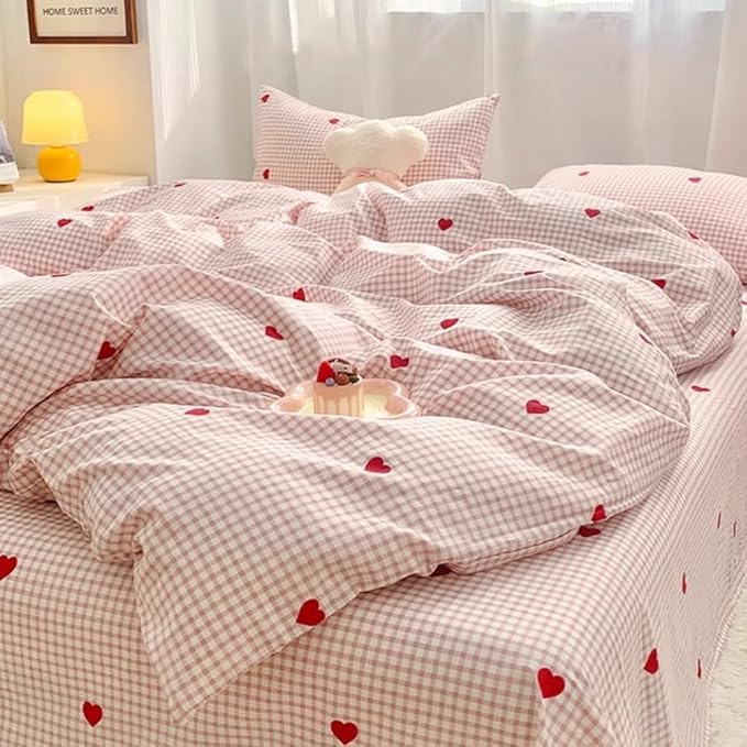 Nayoroom Gingham Duvet Cover Full Size Pink Plaid Red Heart Printed on White - Image 5
