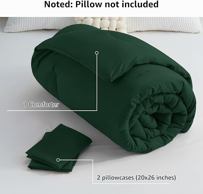 CozyLux Dark Emerald Green Queen Comforter Set, 3 Pieces Solid Breathable - Image 7