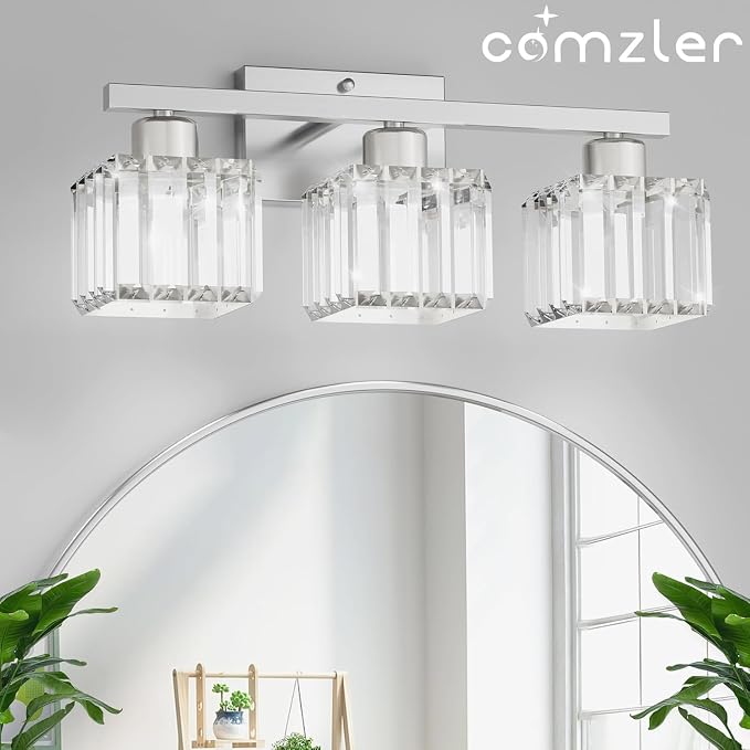 comzler 3-Light Bathroom Light Fixtures Over Mirror, Brushed Nickel Crystal - Image 7
