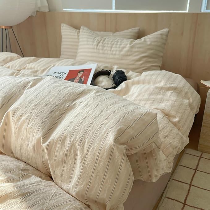 Nayoroom Striped Duvet Cover King Size 100% Washed Cotton Beige Duvet Cover - Image 3