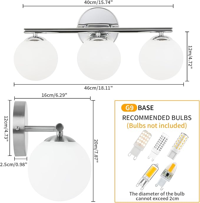 Globe Bathroom Light Fixtures Chrome Vanity Light - Image 3