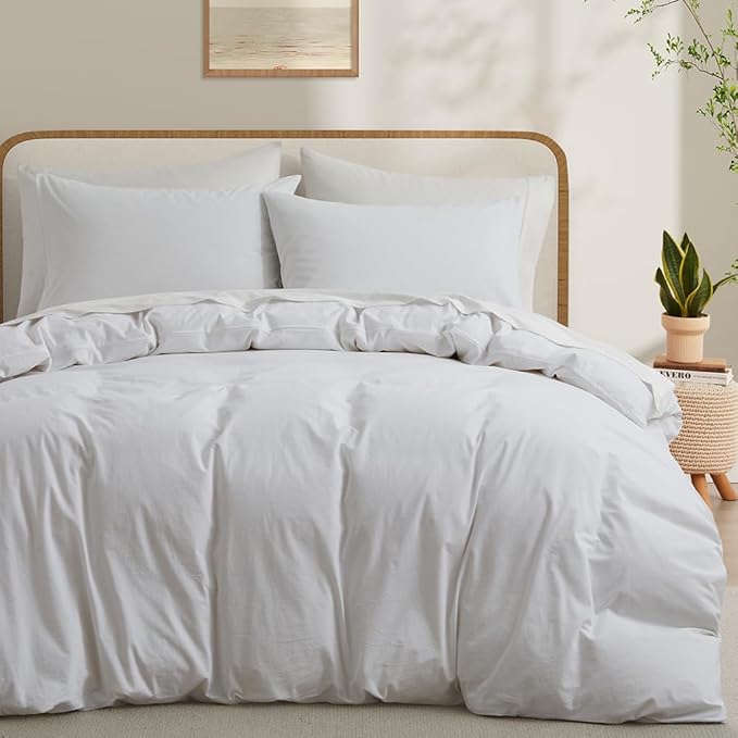 White Duvet Cover Full Size, 100% Washed Cotton Linen Like Bedding Set by LOVQUE