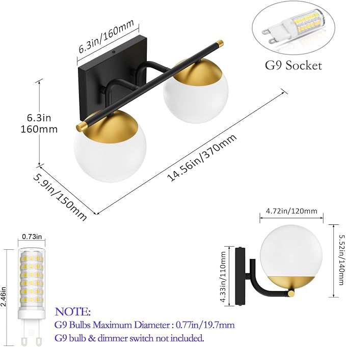 Ralbay Black and Gold Bathroom Vanity Light 2-Light Mid Century Modern Vanity - Image 5