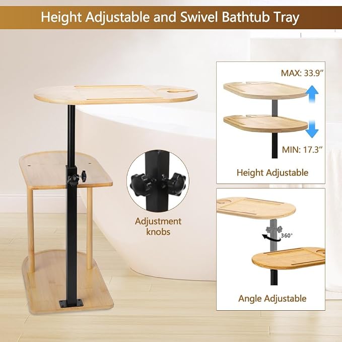 3 Layer Bathtub Tray Table, Bamboo Swivel Bathtub Side Table Height Adjustable - Image 3