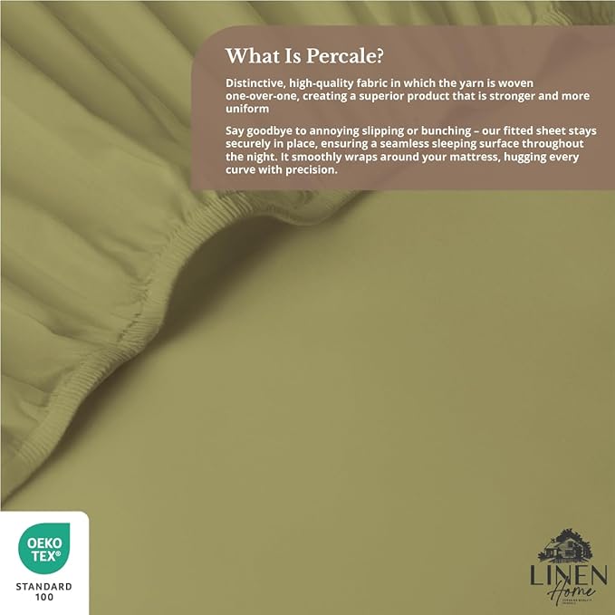 Linen Home 100% Cotton Percale Weave Fitted Sheet, Twin Size, Oil Green - Image 4