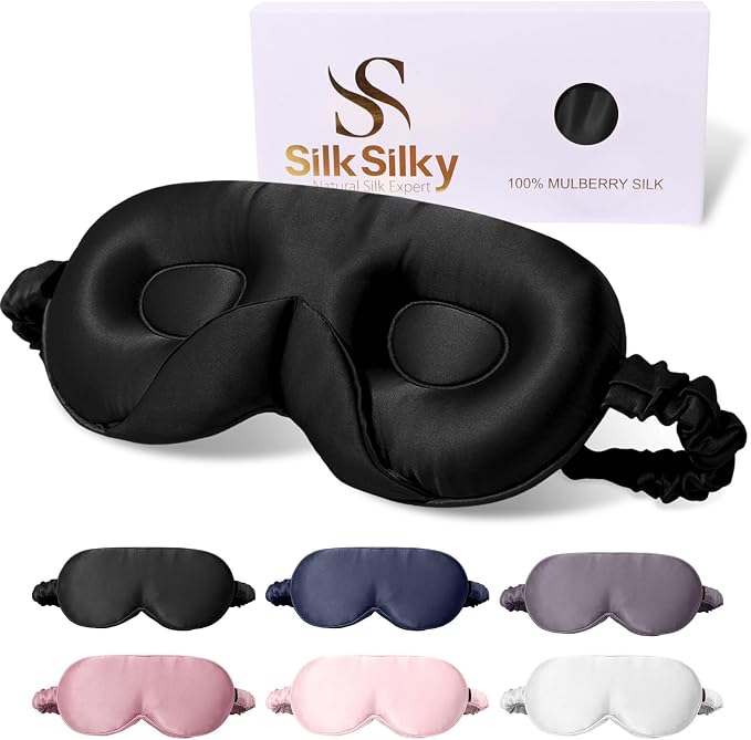 SilkSilky 100% 22 Momme Mulberry Silk Sleep Mask – Upgraded 3D Contoured Eye by SilkSilky