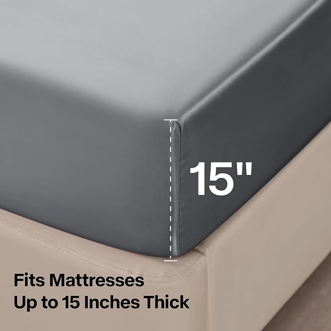BEDELITE Satin Sheets Full XL Size Bed Set, Luxury Soft Dark Grey Silky Sheets - Image 5