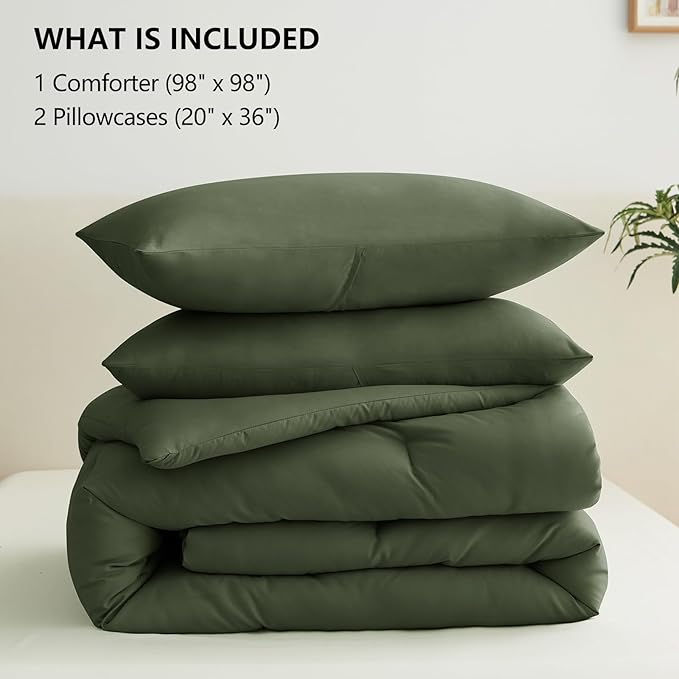 CozyLux Oversized Queen Comforter Set Olive Green, 3 Pieces 98x98 Solid - Image 6