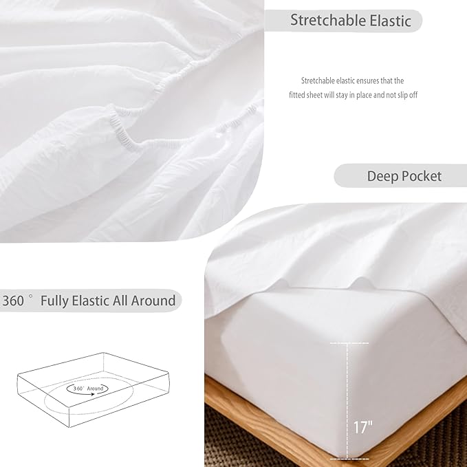 MooMee Fitted Bottom Sheet Only 100% Washed Cotton Linen Like Textured - Image 6