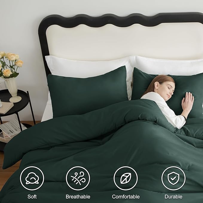 CozyLux Oversized Queen Comforter Set Forest Green, 3 Pieces 98x98 Solid - Image 5