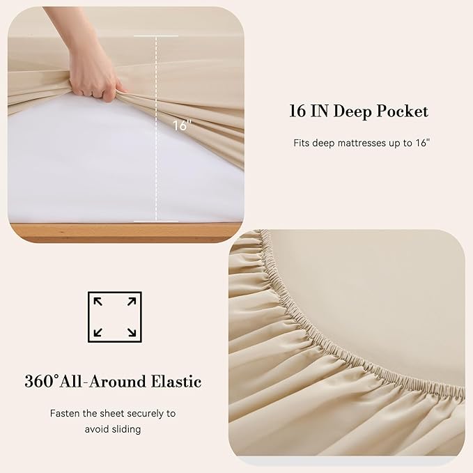 Queen Sheet Set 4 Pieces, Wrinkle Free, Oeko-Tex Certified Bedsheets，Cream - Image 3