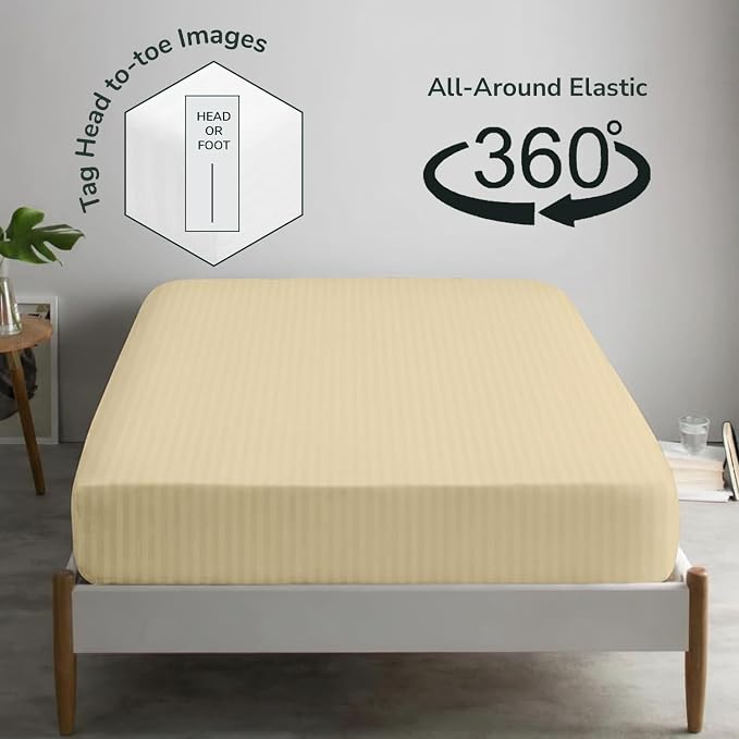 Feather & Stitch 1 Piece Fitted Sheet King Size, 100% Cotton Damask Sateen Weave - Image 4
