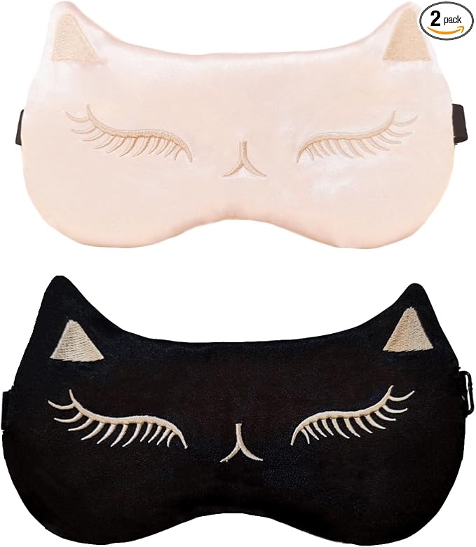 Cute Cat Sleep Mask for Kids, 2 Pack Silk Sleeping Eye Cover Adjustable Mask by Mukveitn