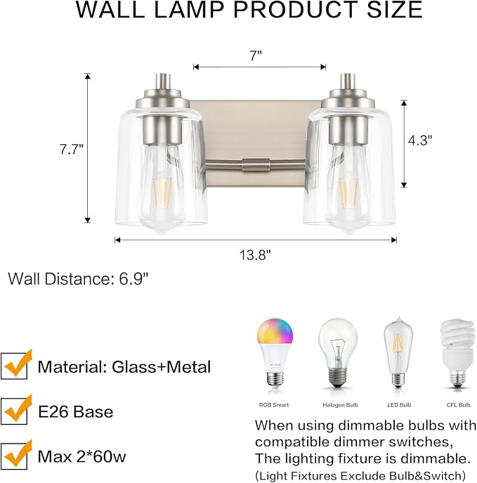 SOLFART Brushed Nickel Vanity Light 2 Light Bathroom Vanity Light Bathroom - Image 5
