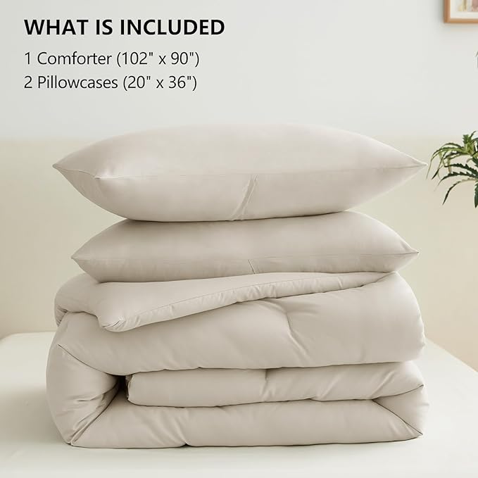 CozyLux King Size Comforter Set Oatmeal, 3 Pieces Solid Comforters King Size - Image 6