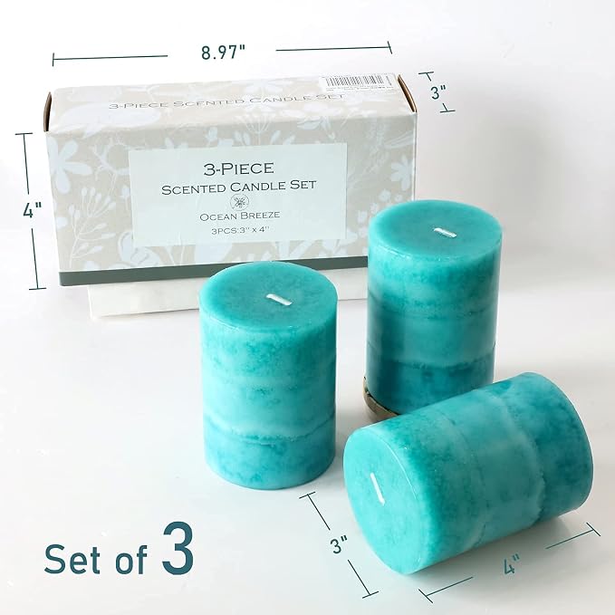 Pillar Candles Ocean Breeze Scented 3x4 inch Aqua Green Candle Clean Burning - Image 2
