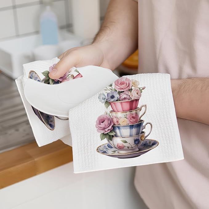 2PCS Watercolor Rose Kitchen Towels, Flower Coffee Cup Waffle Weave Dish Tea - Image 3