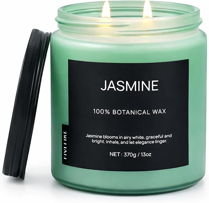 Jasmine Home Scented Candles, 13oz Organic Soy Wax, 76-Hour Clean Burning by Fivefire