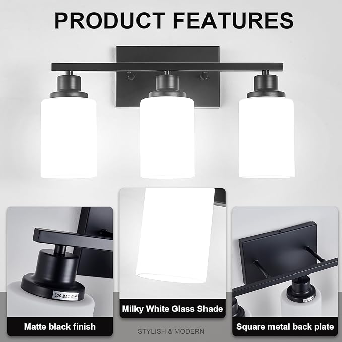 3-Light Black Bathroom Light Fixture Over Mirror, Modern Farmhouse Vanity Light - Image 7