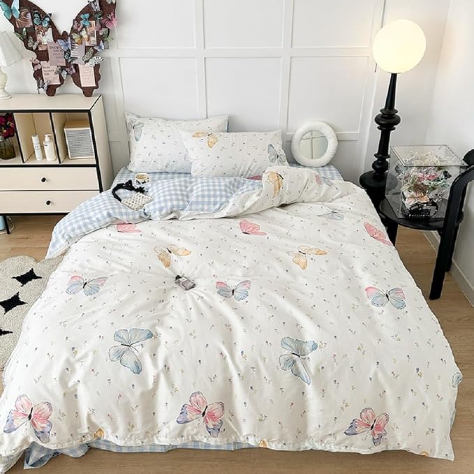 Nayoroom Butterfly Duvet Cover Queen Size Reversible Blue White Gingham Bedding - Image 2