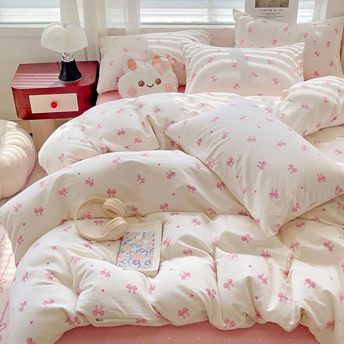Nayoroom Pink Bow Duvet Cover Full Size Heart Bows Printed Coquette Bedding Set - Image 3