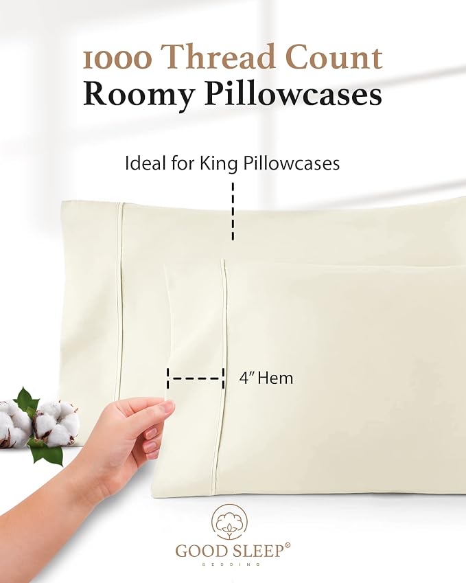 1000 TC Ivory King Pillowcases Set of 4 100% Egyptian Cotton Pillow Cases - Image 5