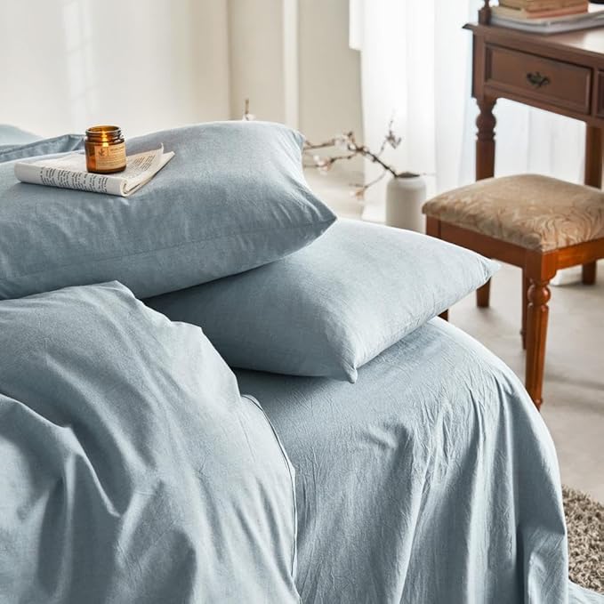 Wake In Cloud - Cotton Duvet Cover Set, King Size, Light Denim Blue, 100% by WakeInCloud