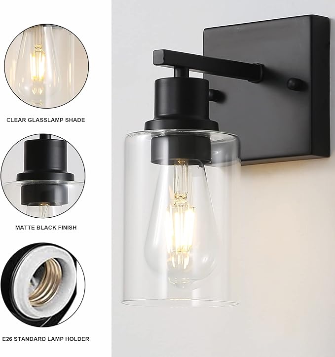 Bathroom Vanity Light Fixtures, 1-Light Matte Black Bathroom Lights, Wall - Image 3